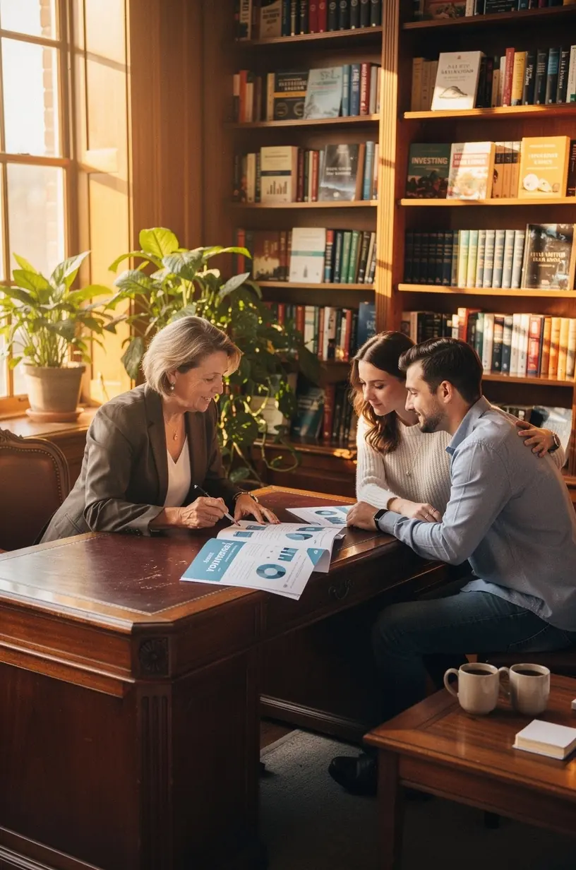 Offline konzultáció teremben ülő tanácsadó és ügyfél egymással beszélgetnek, a hatékony pénzügyi tervezés folyamatát bemutatva.