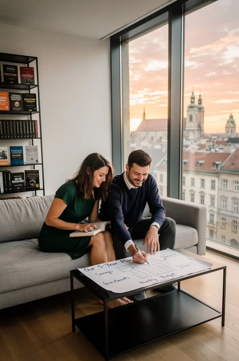 Könyvespolcon jól láthatóan rendezett prémium pénzügyi oktató könyvek, amelyek alapvető pénzügyi ismereteket nyújtanak.